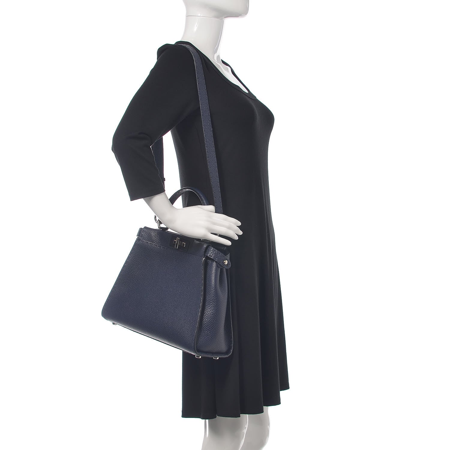 Fendi Cuoio Romano Selleria Medium Peekaboo Iconic Satchel Blue Notte 2 of 11