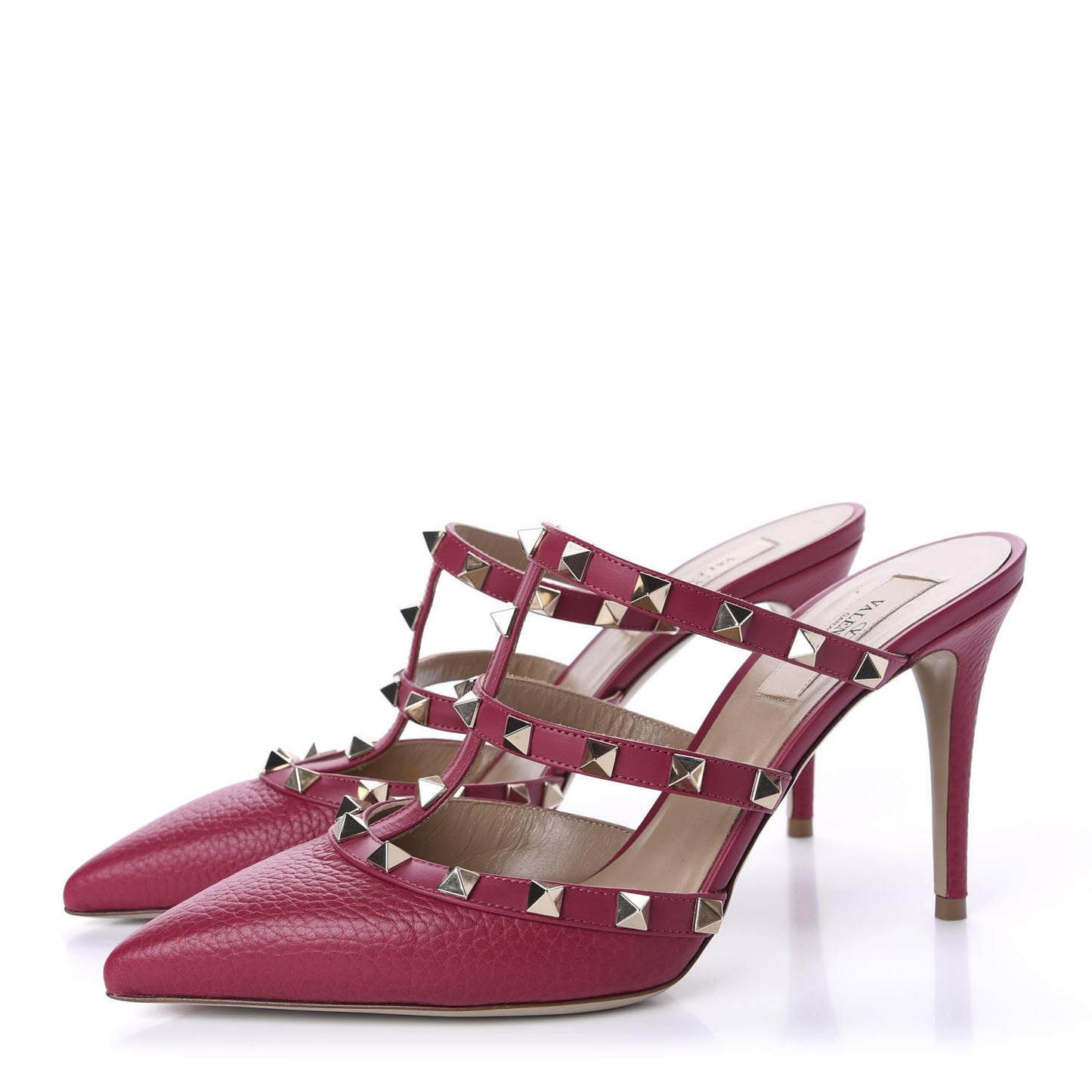Pebbled Calfskin Rockstud 90mm Cage Mules 38 Raspberry