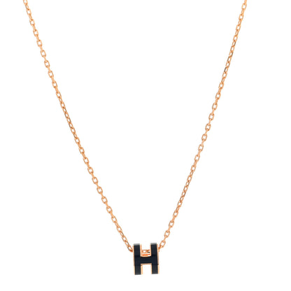 Hermes Lacquered Rose Gold Mini Pop H Pendant Necklace Navy Bleu 1 of 6