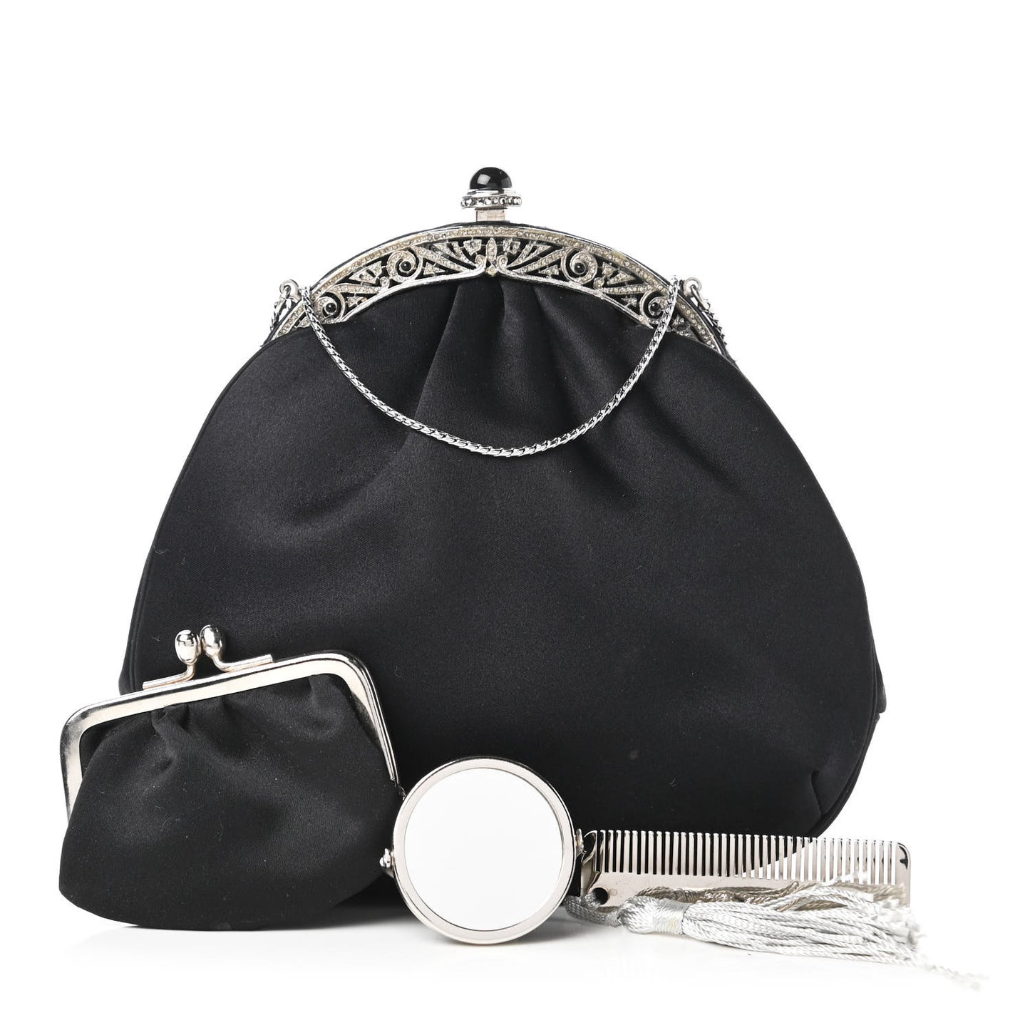 Satin Crystal Pleated Evening Bag Black