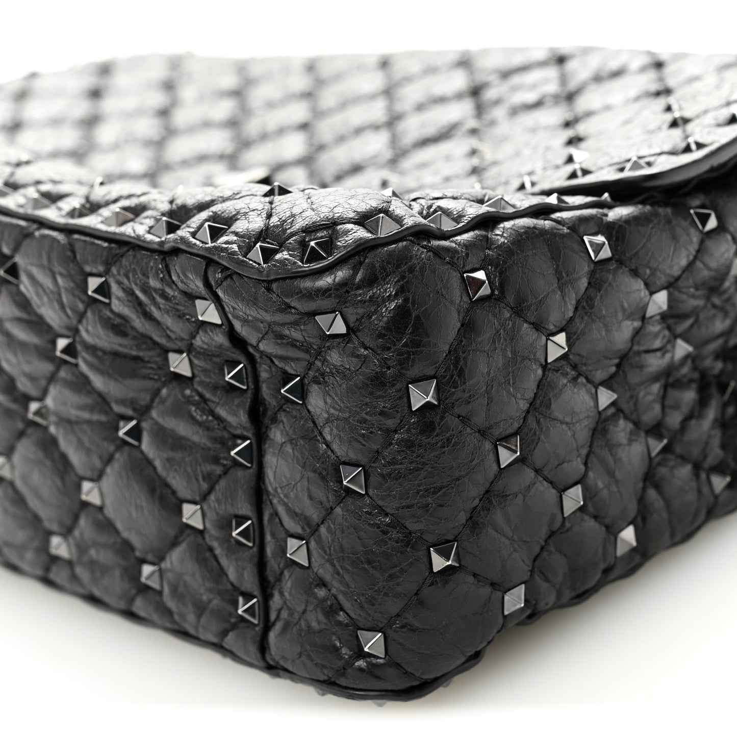 Craquele Nappa Large Rockstud Spike Shoulder Bag Black
