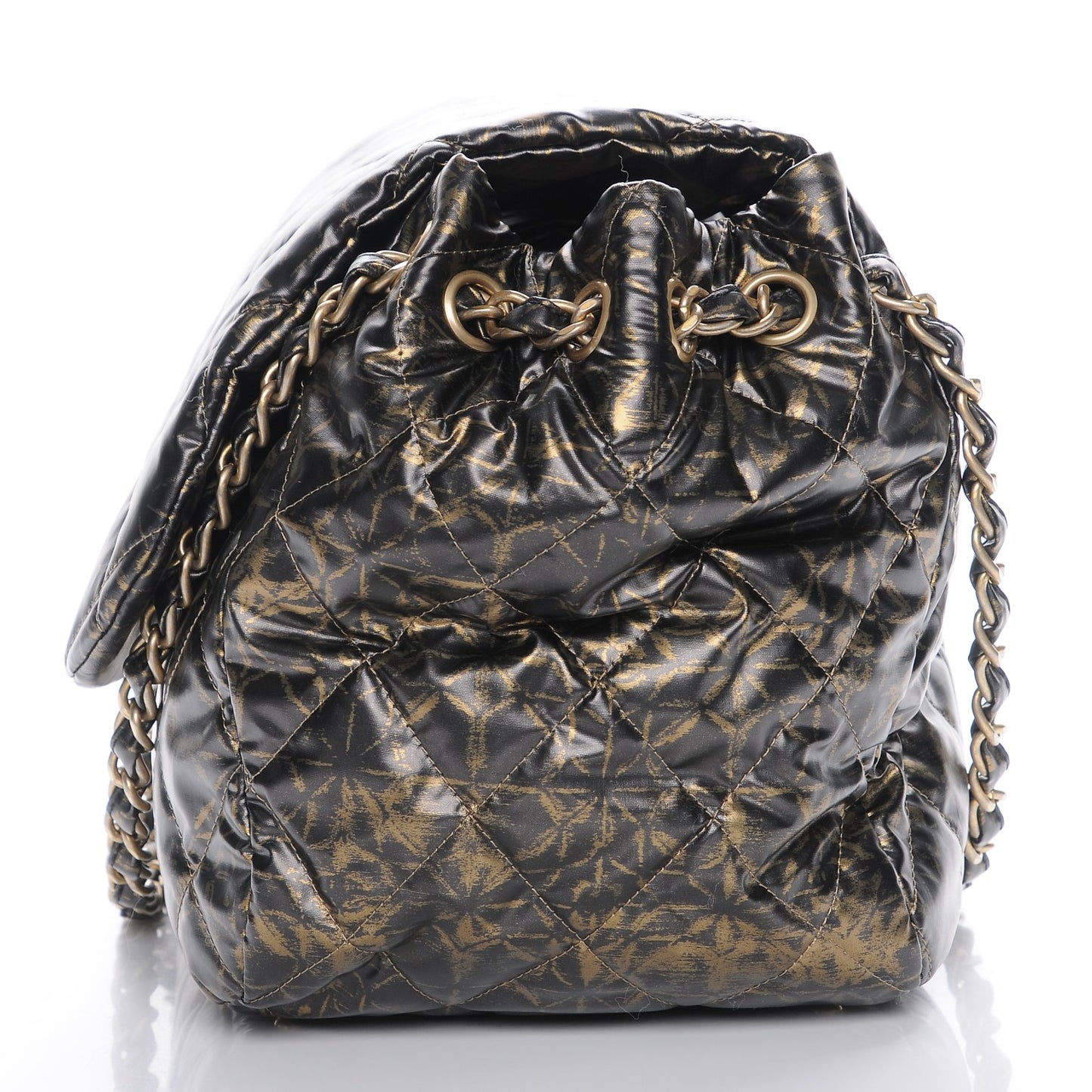 Nylon Printed Quilted Accordion Flap Black Gold