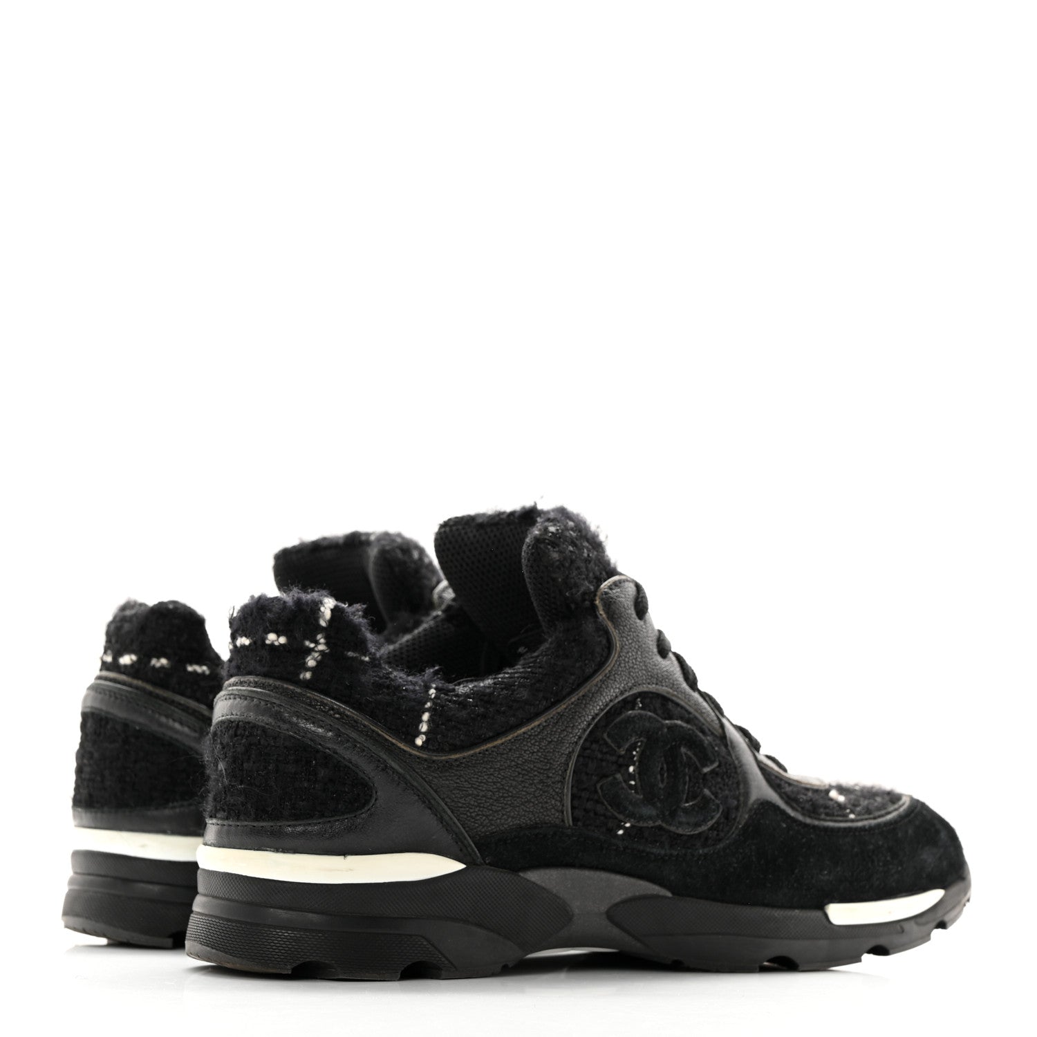 Chanel Tweed Suede Goatskin CC Sneakers 39 Black White 4 of 22