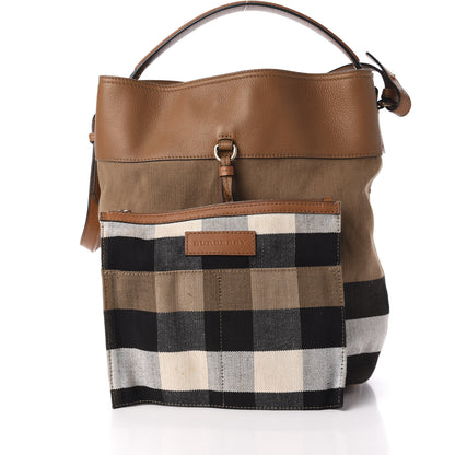 Burberry Grainy Calfskin Canvas Mega Check Medium Ashby Tassel Hobo Saddle Brown 12 of 14