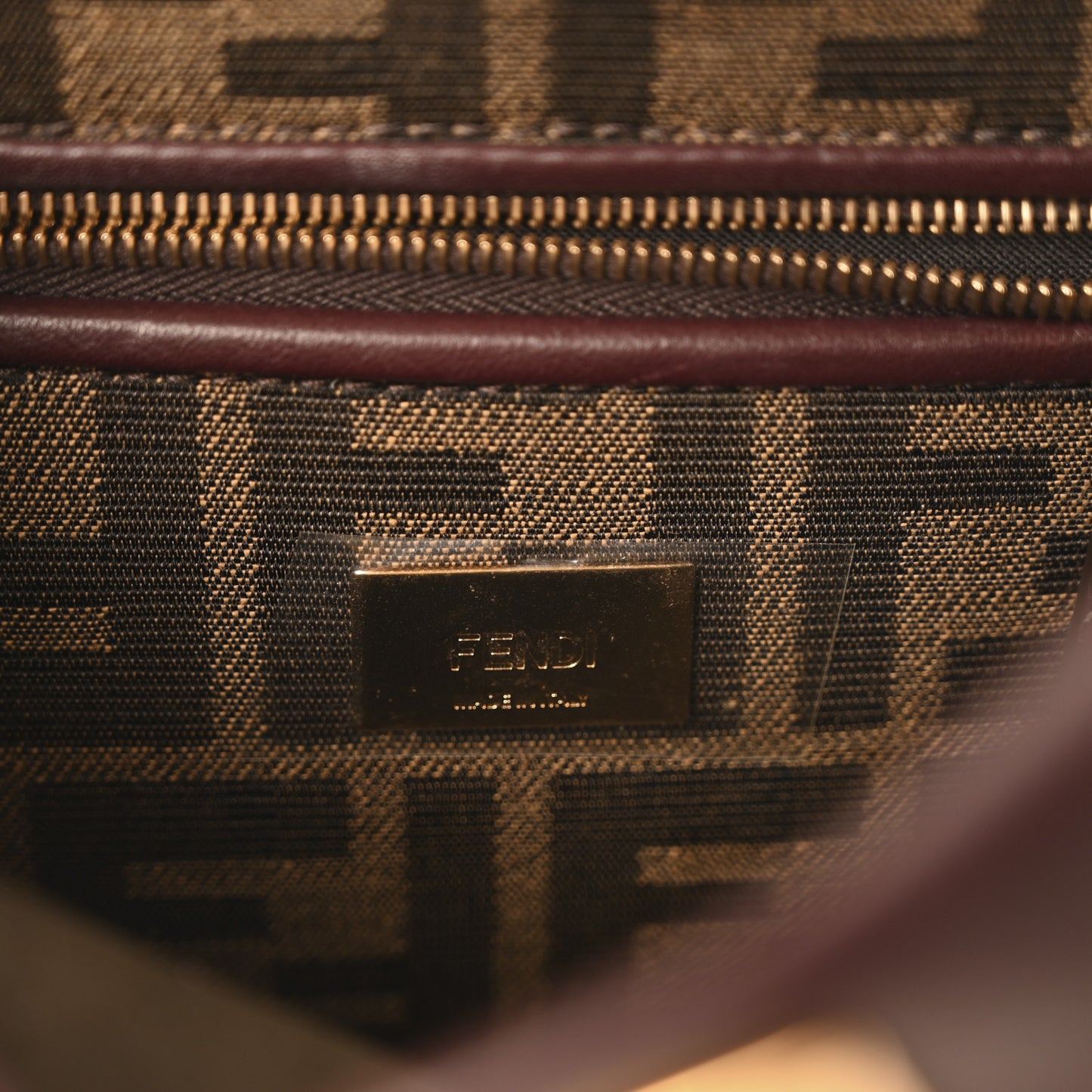 Vitello Seta Fabric Jacquard FF 1974 Mini Peekaboo Iconic Satchel Granata Tobacco Moro