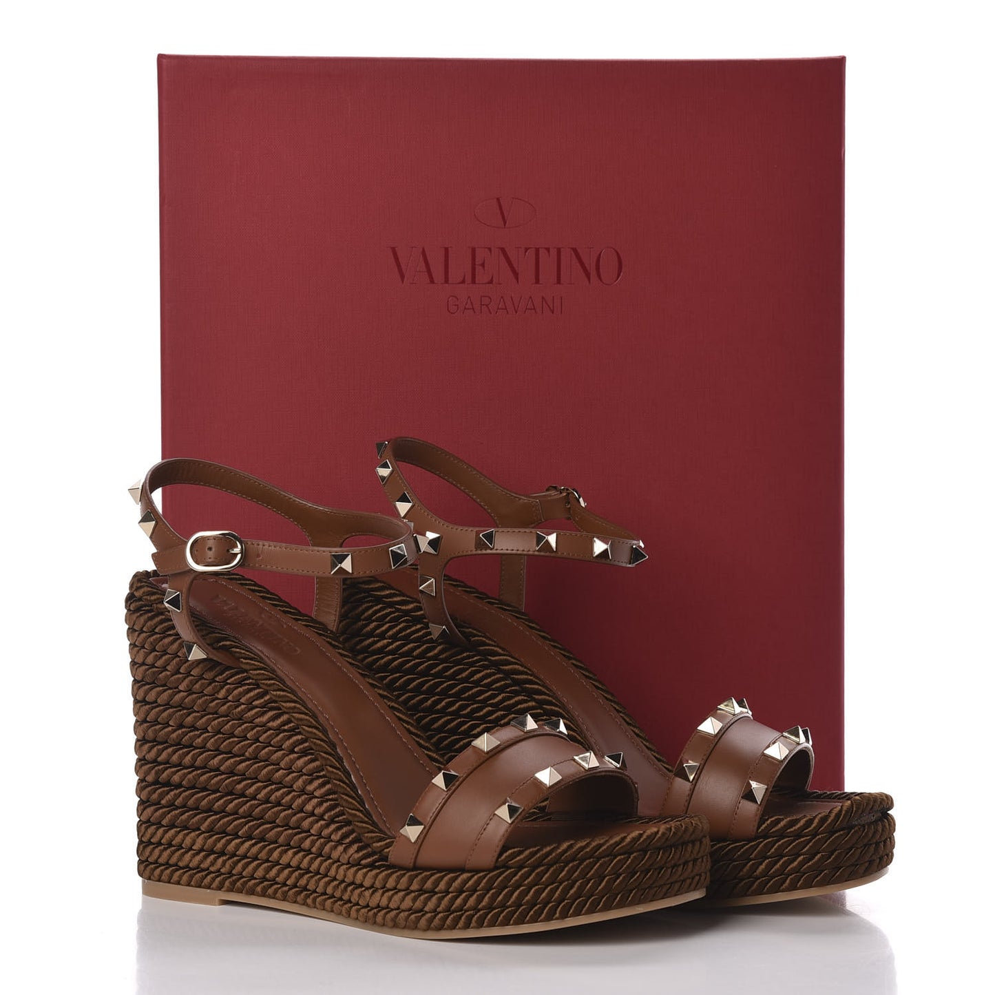 Calfskin Rockstud Torchon Espadrille 25/115mm Wedge Sandals 40 Cuoio