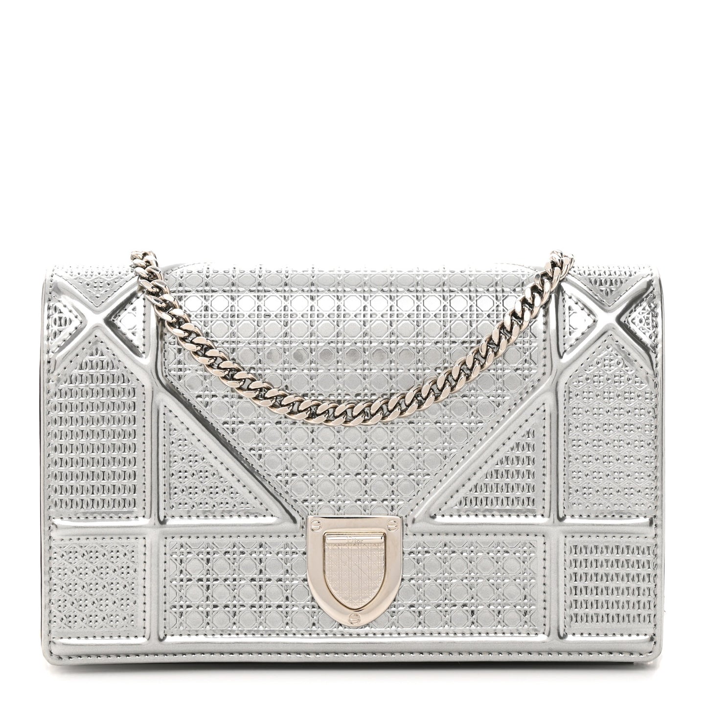 Metallic Patent Micro-Cannage Diorama Wallet on Chain Pouch Silver