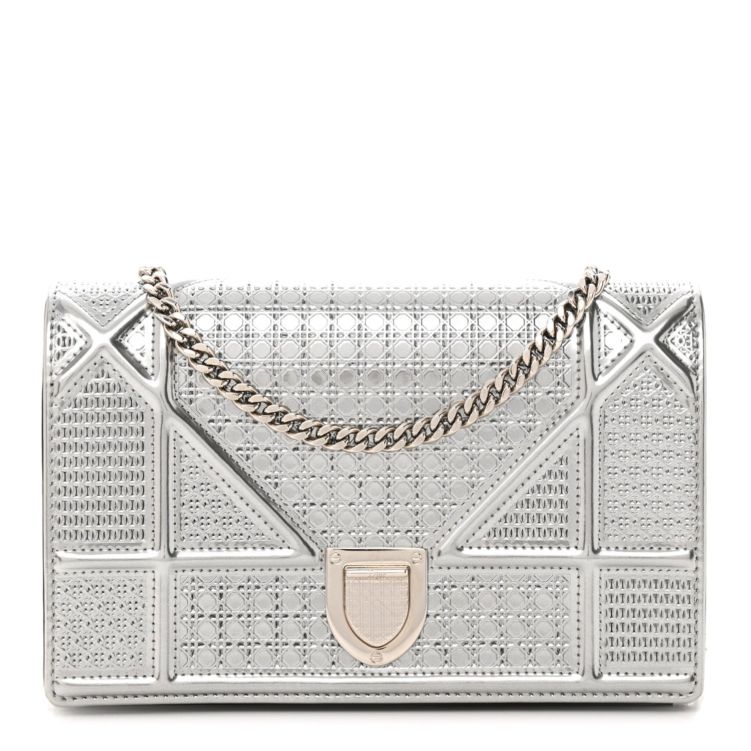 Christian Dior Metallic Patent Micro-Cannage Diorama Wallet on Chain Pouch Silver 1 of 10