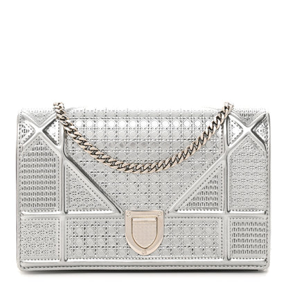 Christian Dior Metallic Patent Micro-Cannage Diorama Wallet on Chain Pouch Silver 1 of 10