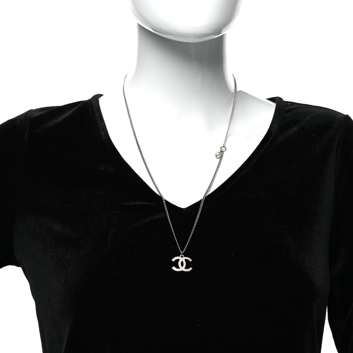 Crystal Pearl CC Pendant Necklace Silver