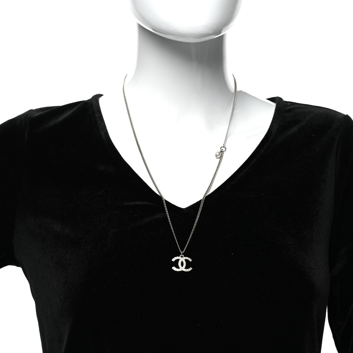 Chanel Crystal Pearl CC Pendant Necklace Silver 2 of 5