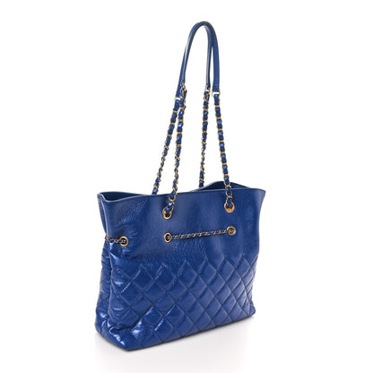 Chanel Metallic Aged Calfskin Quilted Drawstring Shopping Tote Blue 3 of 10