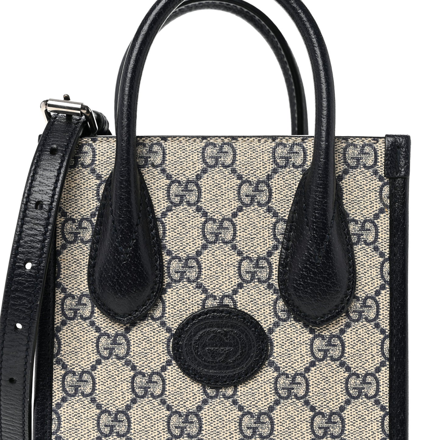 GG Supreme Monogram Textured Dollar Calfskin Mini Retro Interlocking G Tote Bag Beige Blue