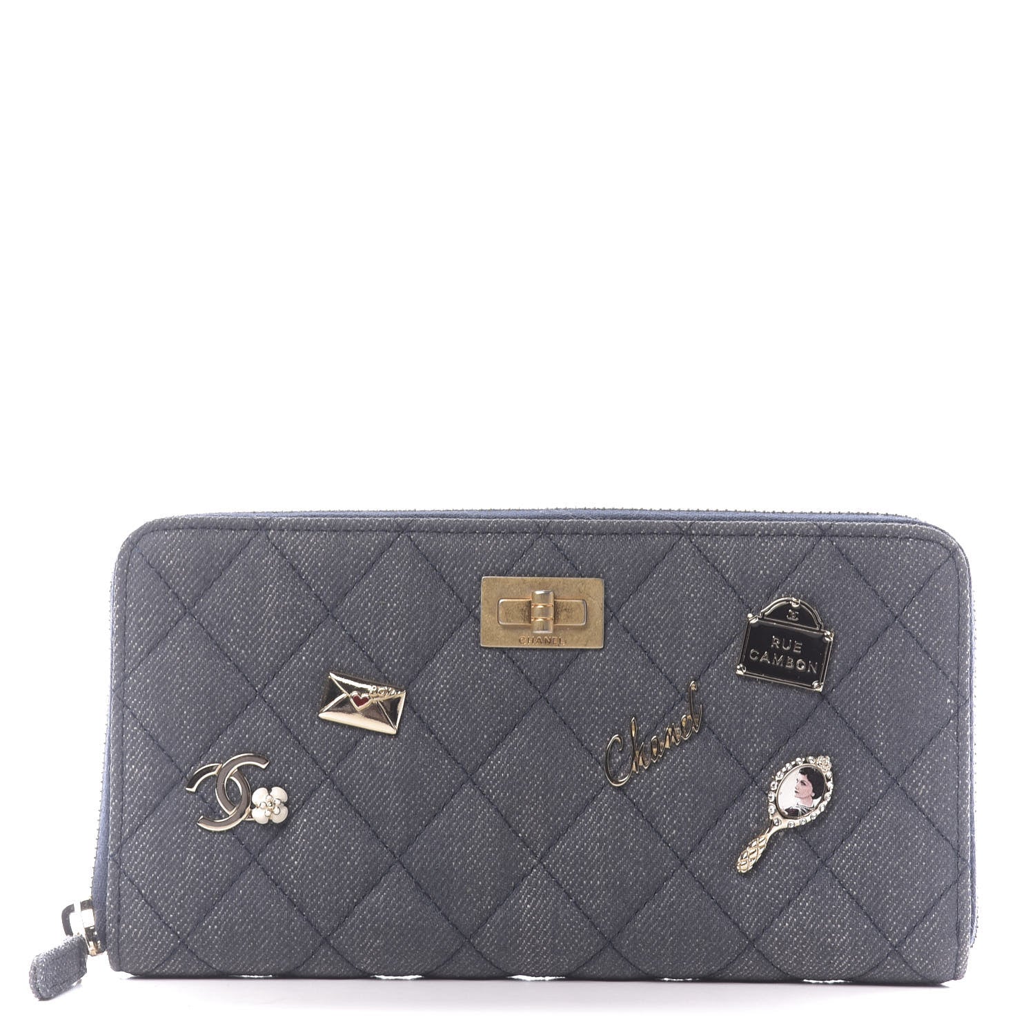 Chanel Denim Quilted Large Gusset Lucky Charms 2.55 Reissue Zip Around Wallet Bleu Fonce 1 of 10