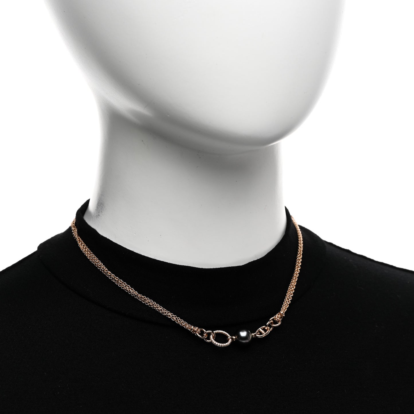 18K Rose Gold Diamond Black Tahitian Cultured Pearl Albertine Necklace ST
