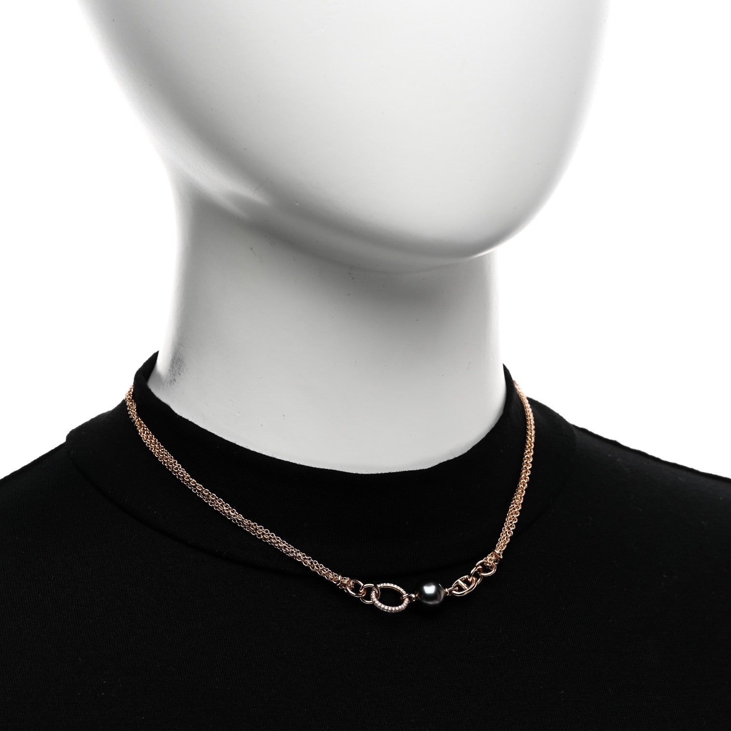 Hermes 18K Rose Gold Diamond Black Tahitian Cultured Pearl Albertine Necklace ST 2 of 6