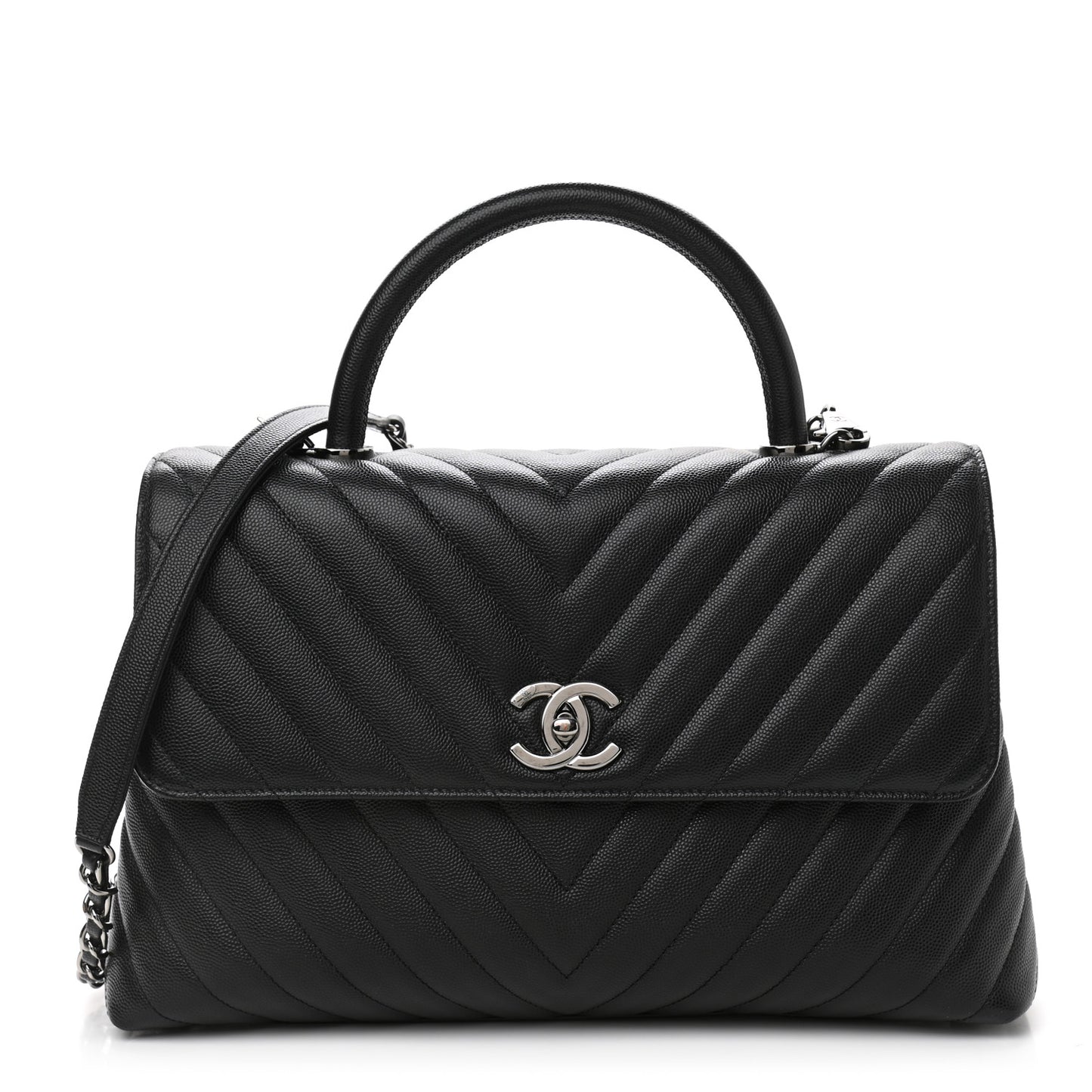 Caviar Chevron Quilted Medium Coco Handle Flap Black