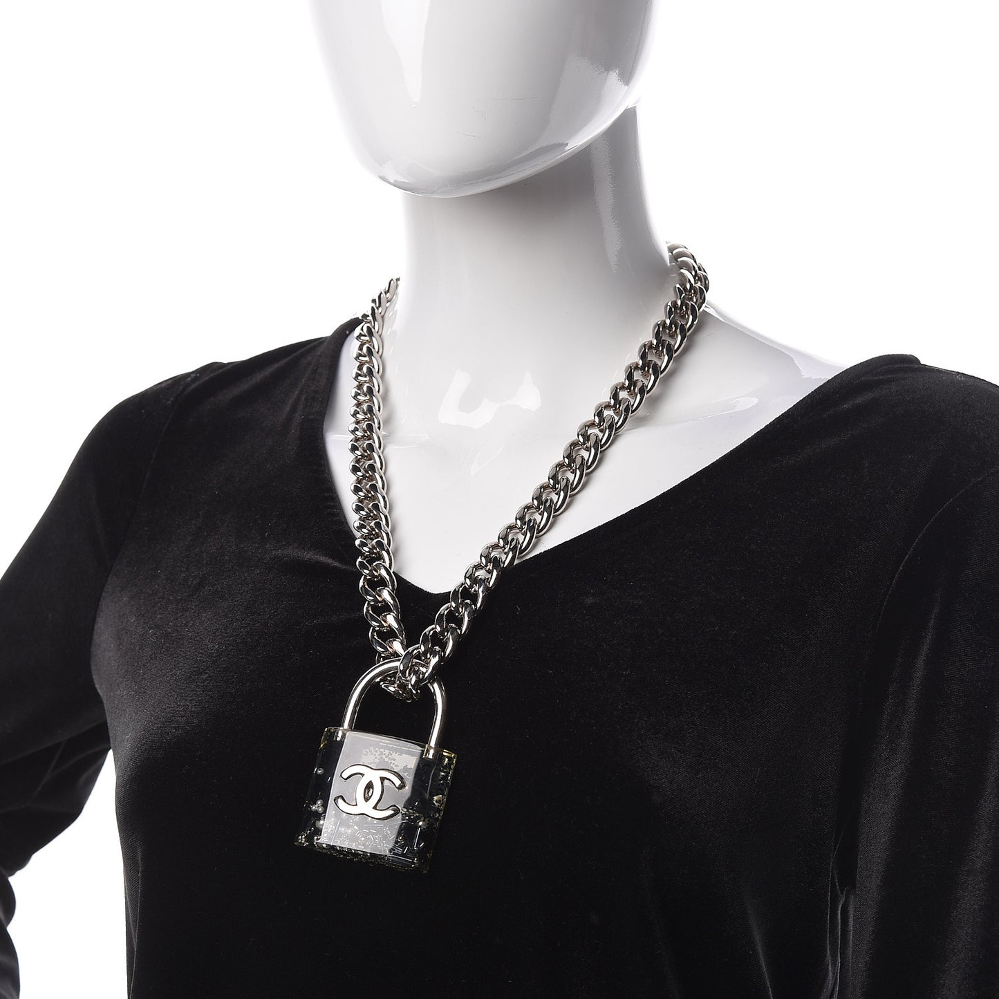Resin CC Oversized Padlock Chain Necklace Silver Pearly White
