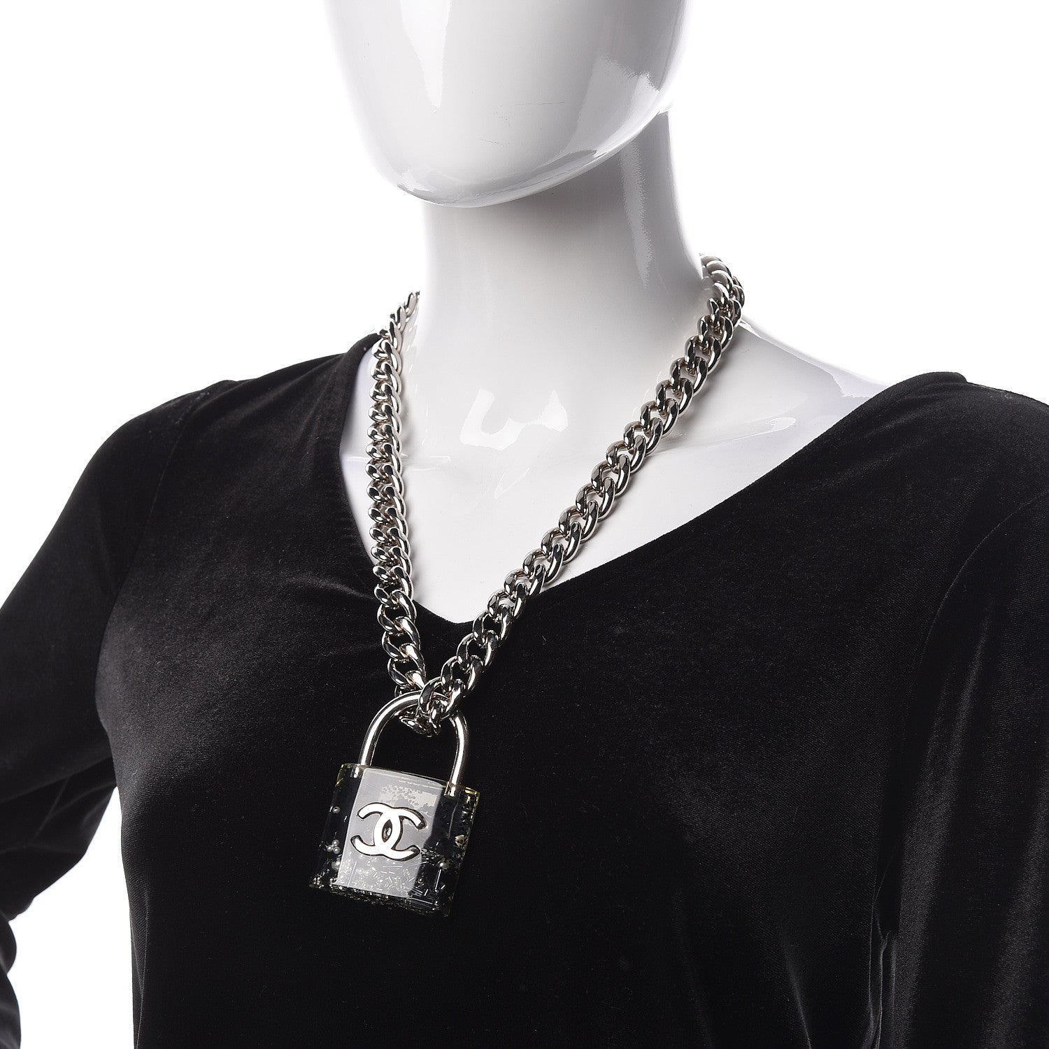 Chanel Resin CC Oversized Padlock Chain Necklace Silver Pearly White 2 of 5
