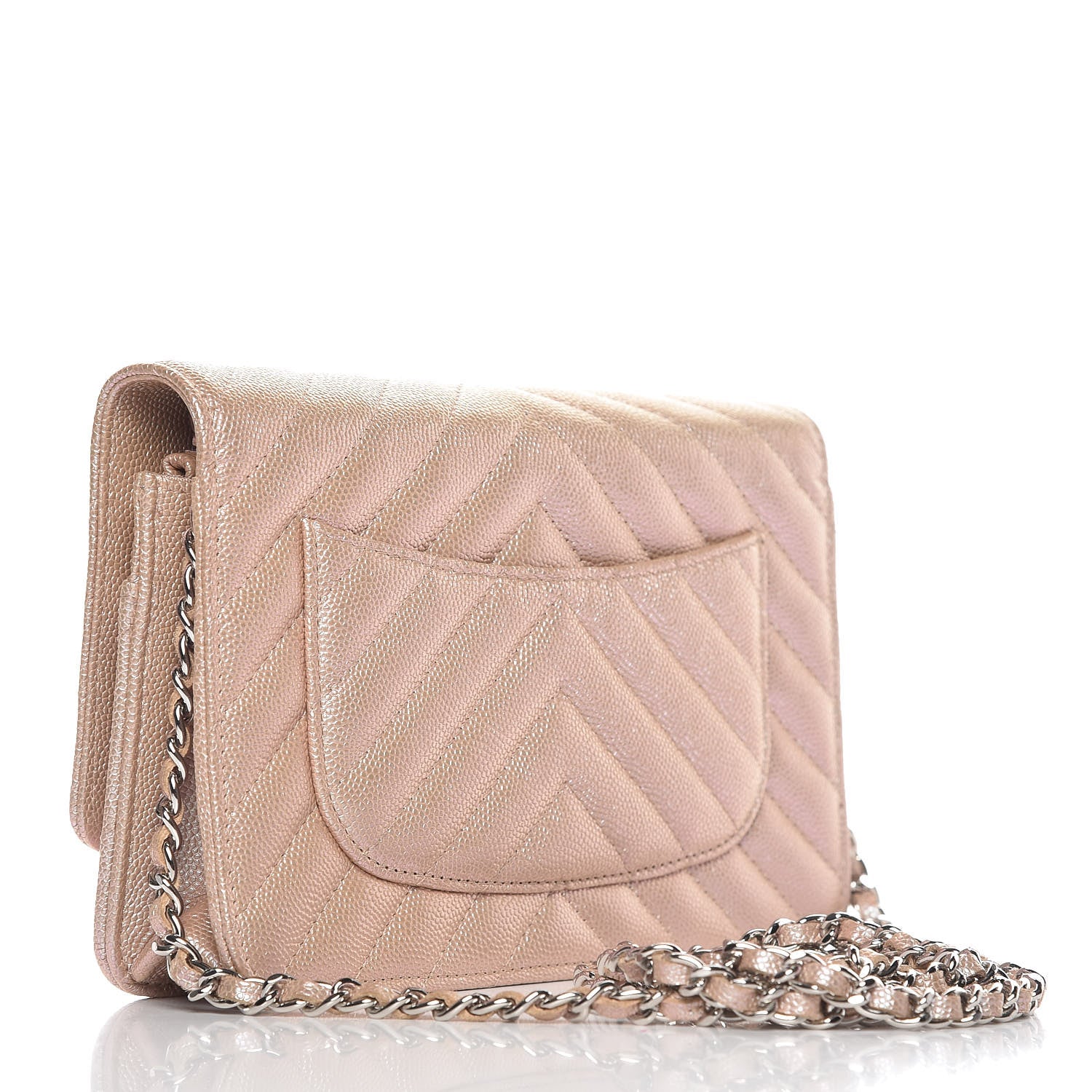 Chanel Metallic Caviar Chevron Quilted Wallet On Chain WOC Light Gold 3 of 11