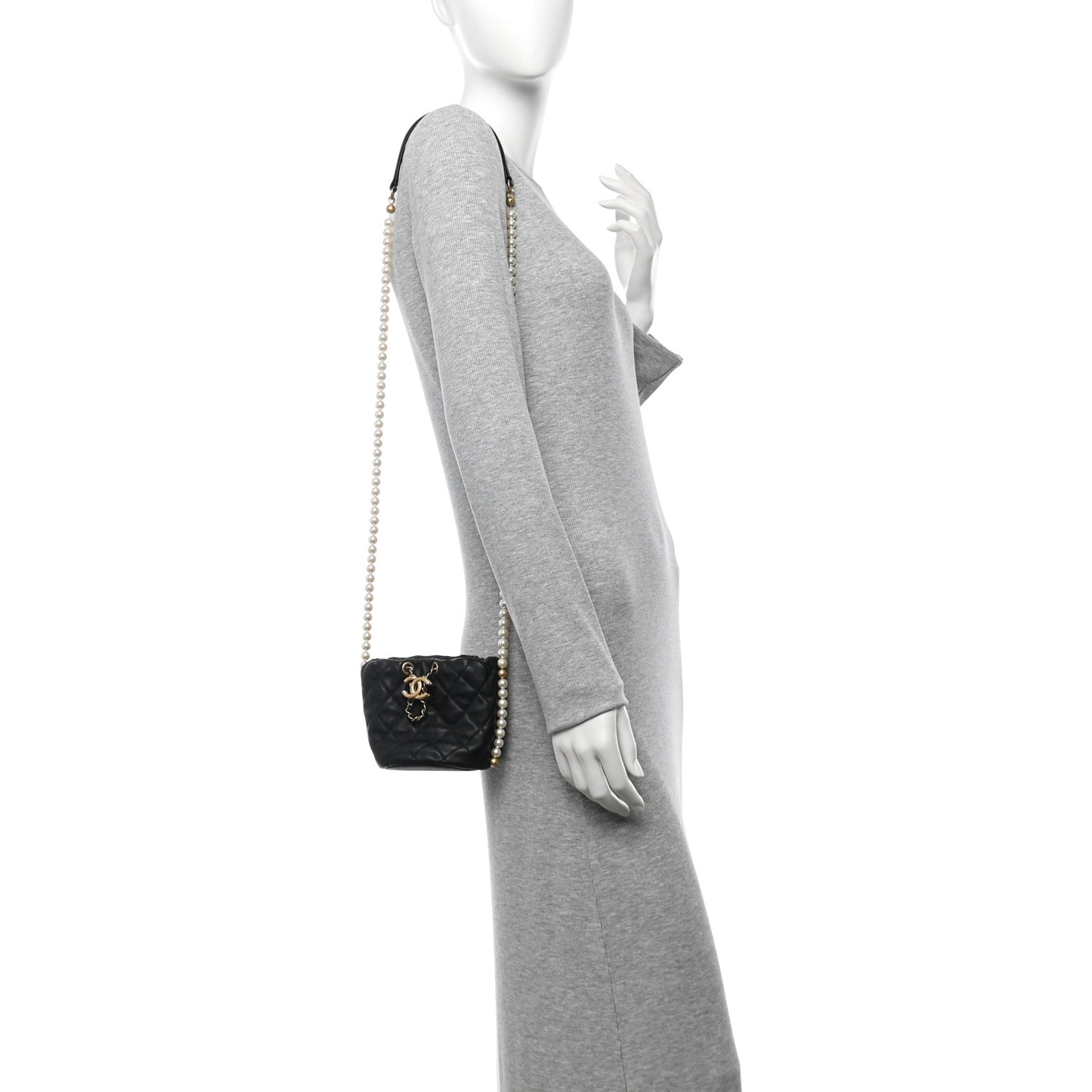 Calfskin Quilted Pearl Mini About Pearls Drawstring Bucket Bag Black