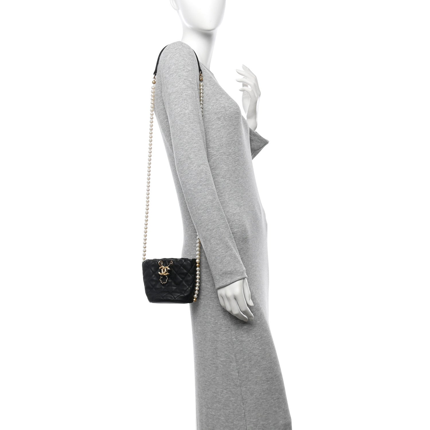 Chanel Calfskin Quilted Pearl Mini About Pearls Drawstring Bucket Bag Black 3 of 10