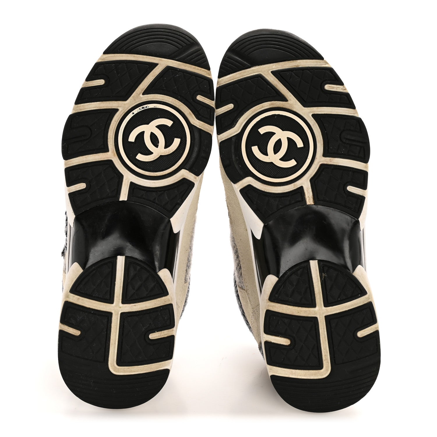 Chanel Fabric Suede Calfskin Womens CC Sneakers 37.5 Ivory Light Gray White 6 of 9