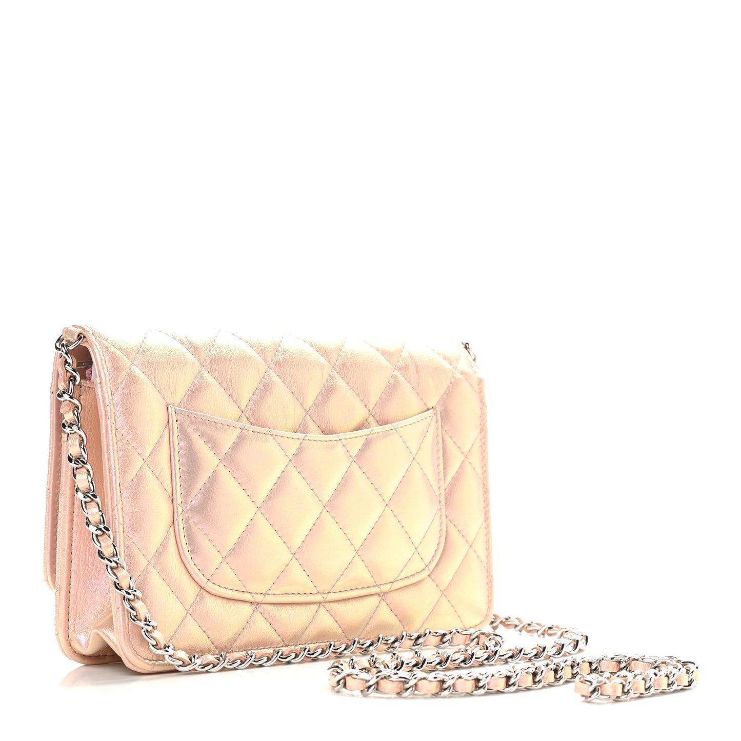 Iridescent Calfskin Quilted Wallet On Chain WOC Pink