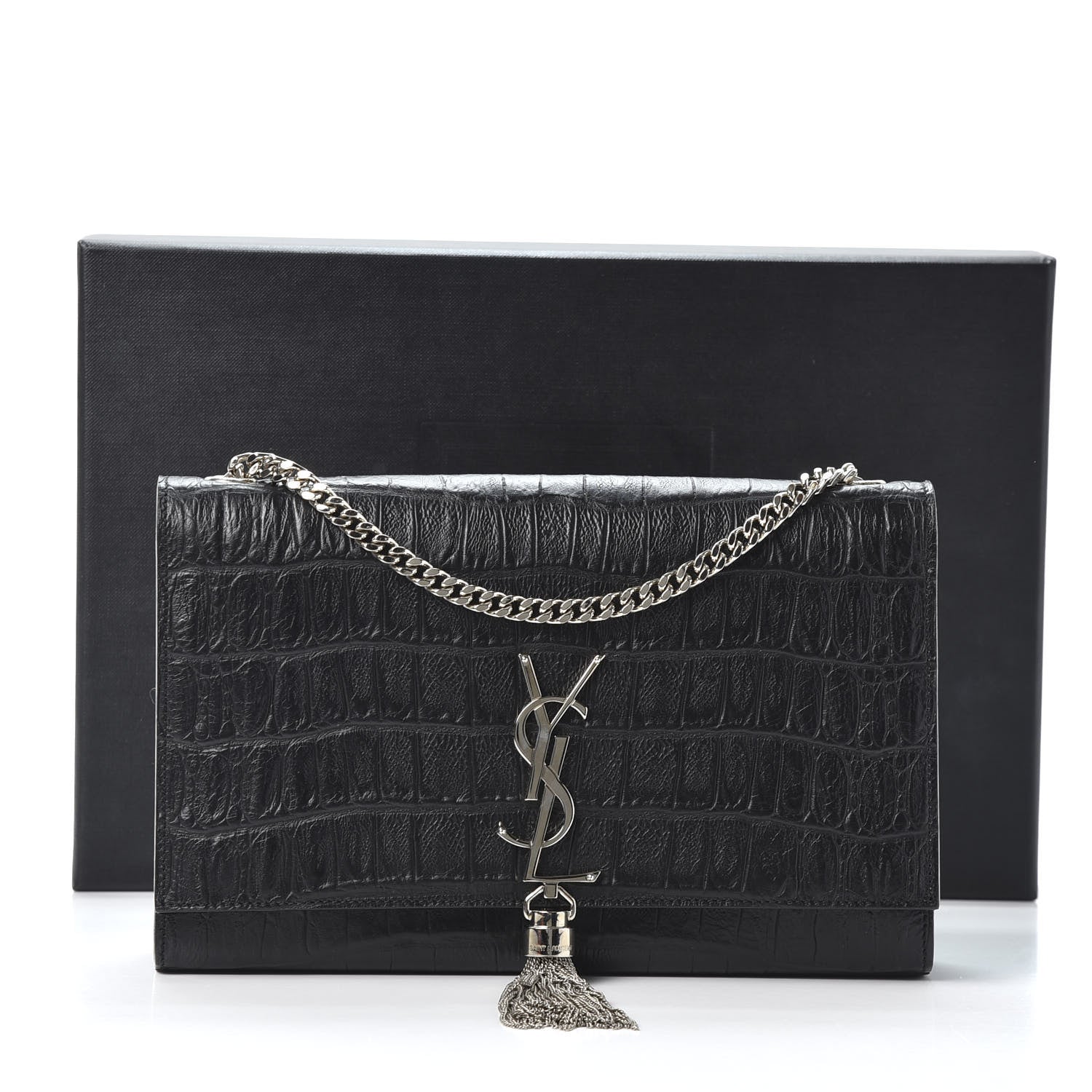 Saint Laurent Calfskin Crocodile Embossed Medium Classic Monogram Kate Tassel Satchel Black 9 of 9