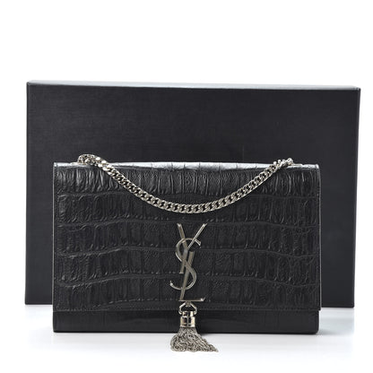 Saint Laurent Calfskin Crocodile Embossed Medium Classic Monogram Kate Tassel Satchel Black 9 of 9