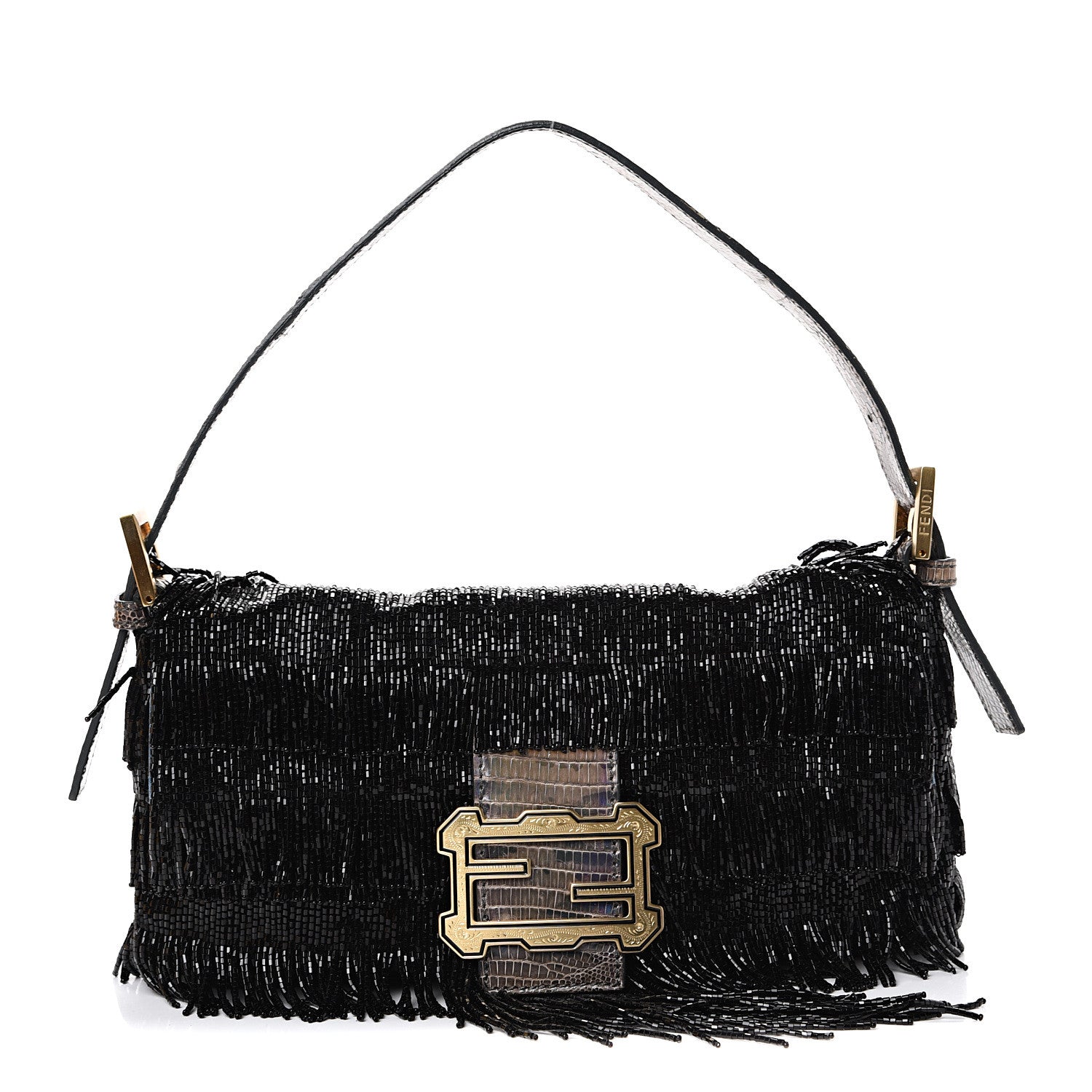 Fendi Lizard Beaded Fringe Baguette Black 552057 – FASHIONPHILE
