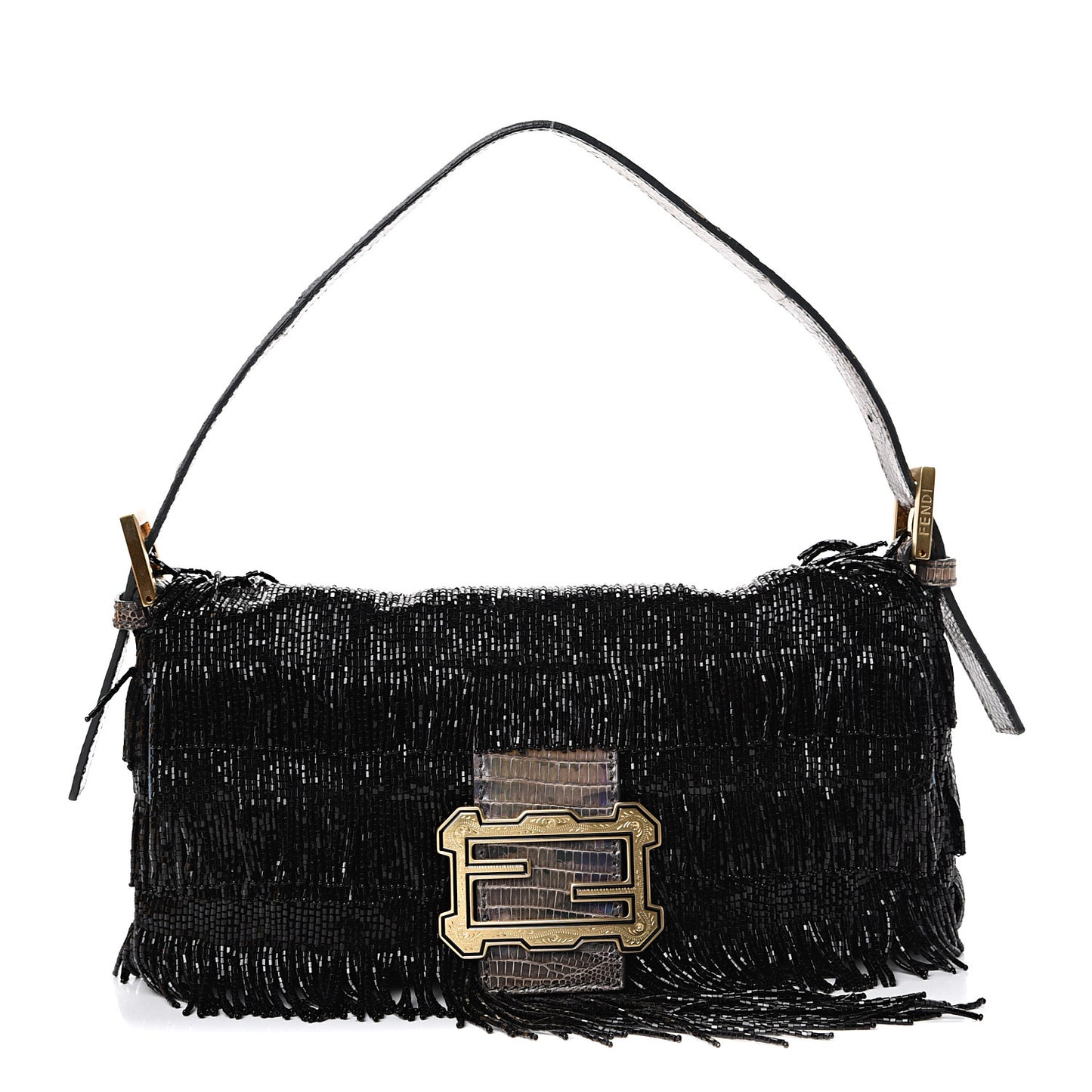 Lizard Beaded Fringe Baguette Black