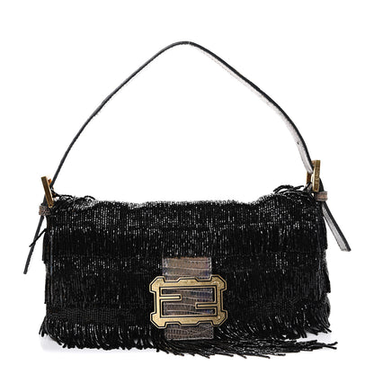 Fendi Lizard Beaded Fringe Baguette Black 1 of 13