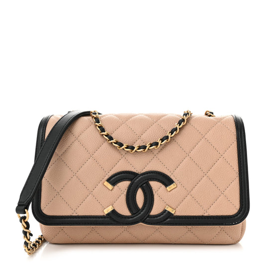 Caviar Quilted Small CC Filigree Flap Beige Black