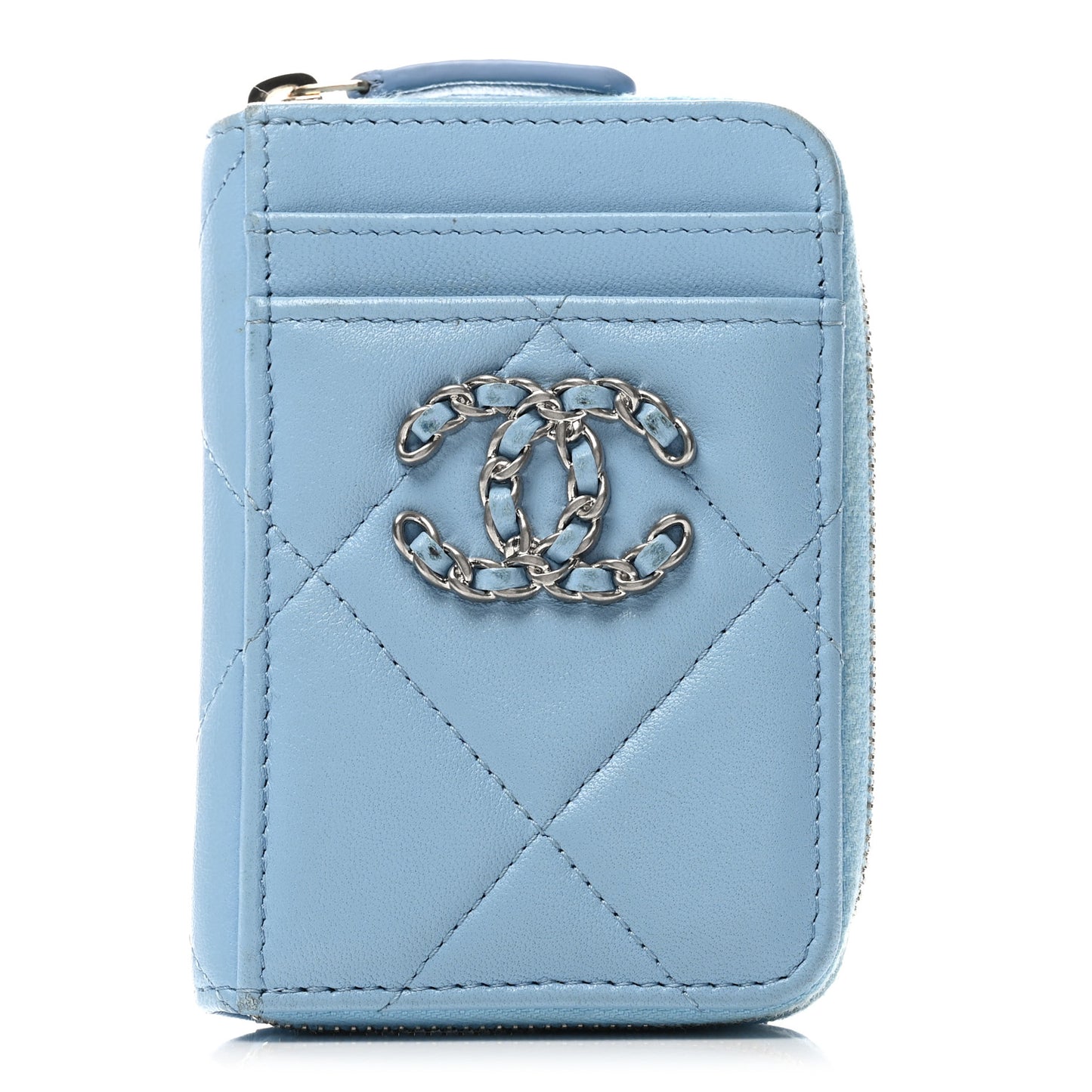 Lambskin Quilted Chanel 19 Vertical Zip Card Holder Wallet Light Blue