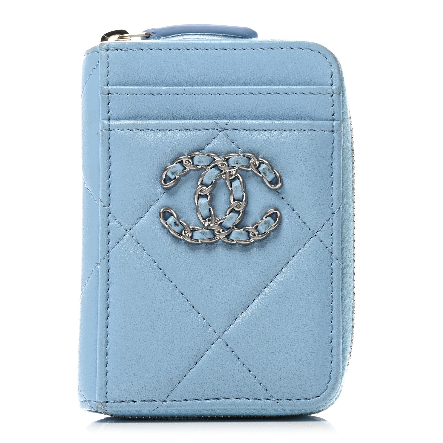 Chanel Lambskin Quilted Chanel 19 Vertical Zip Card Holder Wallet Light Blue 1 of 7