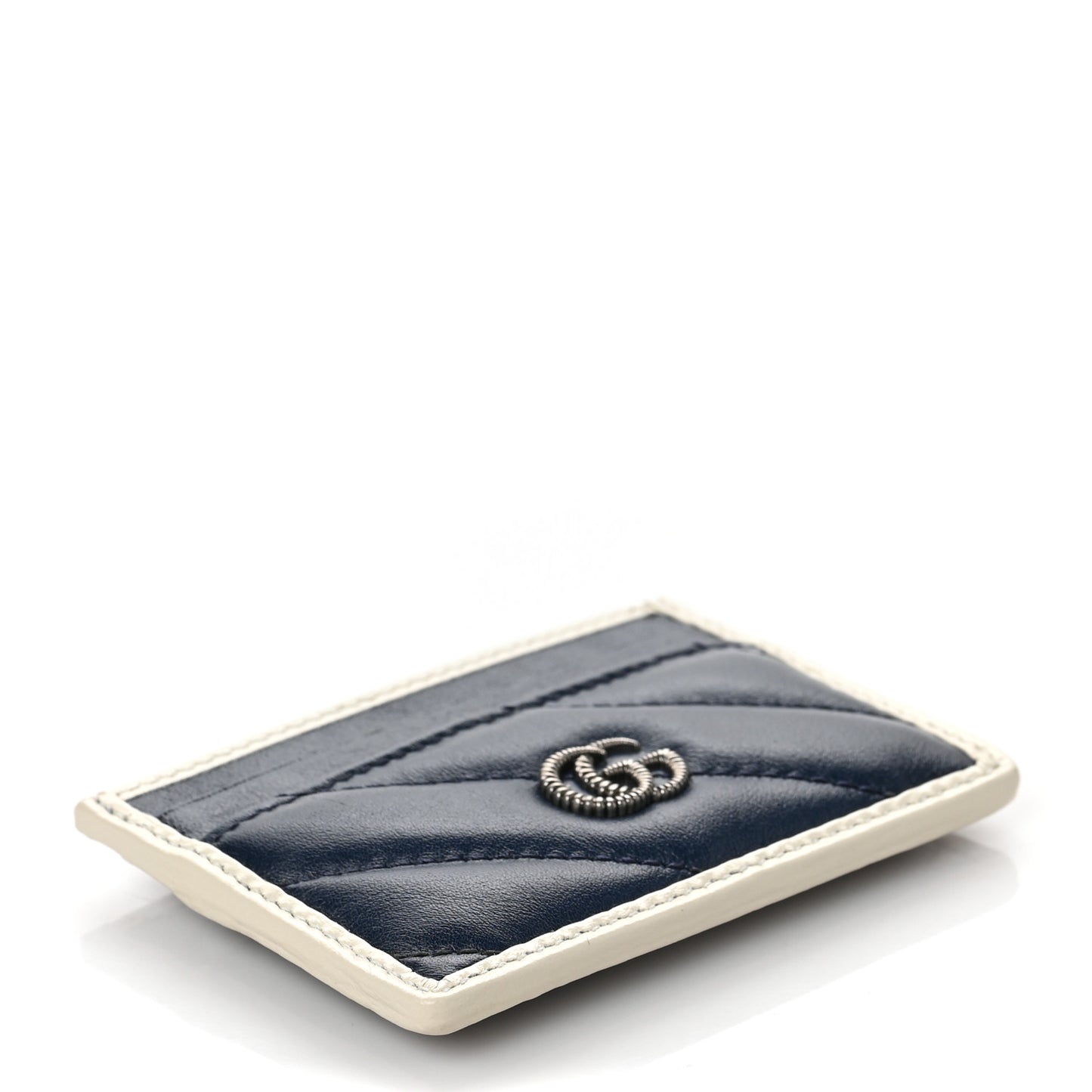 Vintage Effect Calfskin Matelasse Diagonal Torchon GG Marmont Card Holder Blue Agata Mystic White