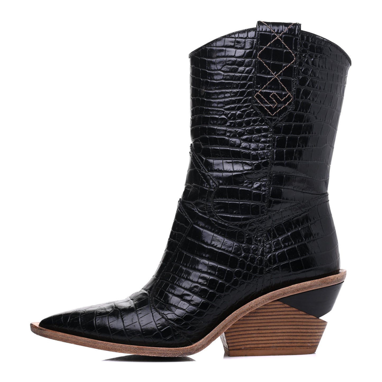 Calfskin Crocodile Embossed Cutwalk Ankle Boots 37 Black