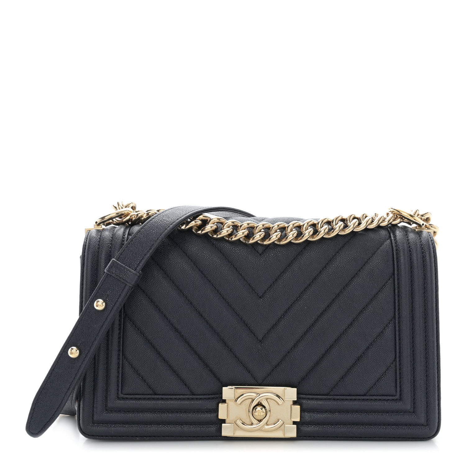 Chanel Caviar Chevron Quilted Medium Boy Flap Dark Navy Blue 1 of 10