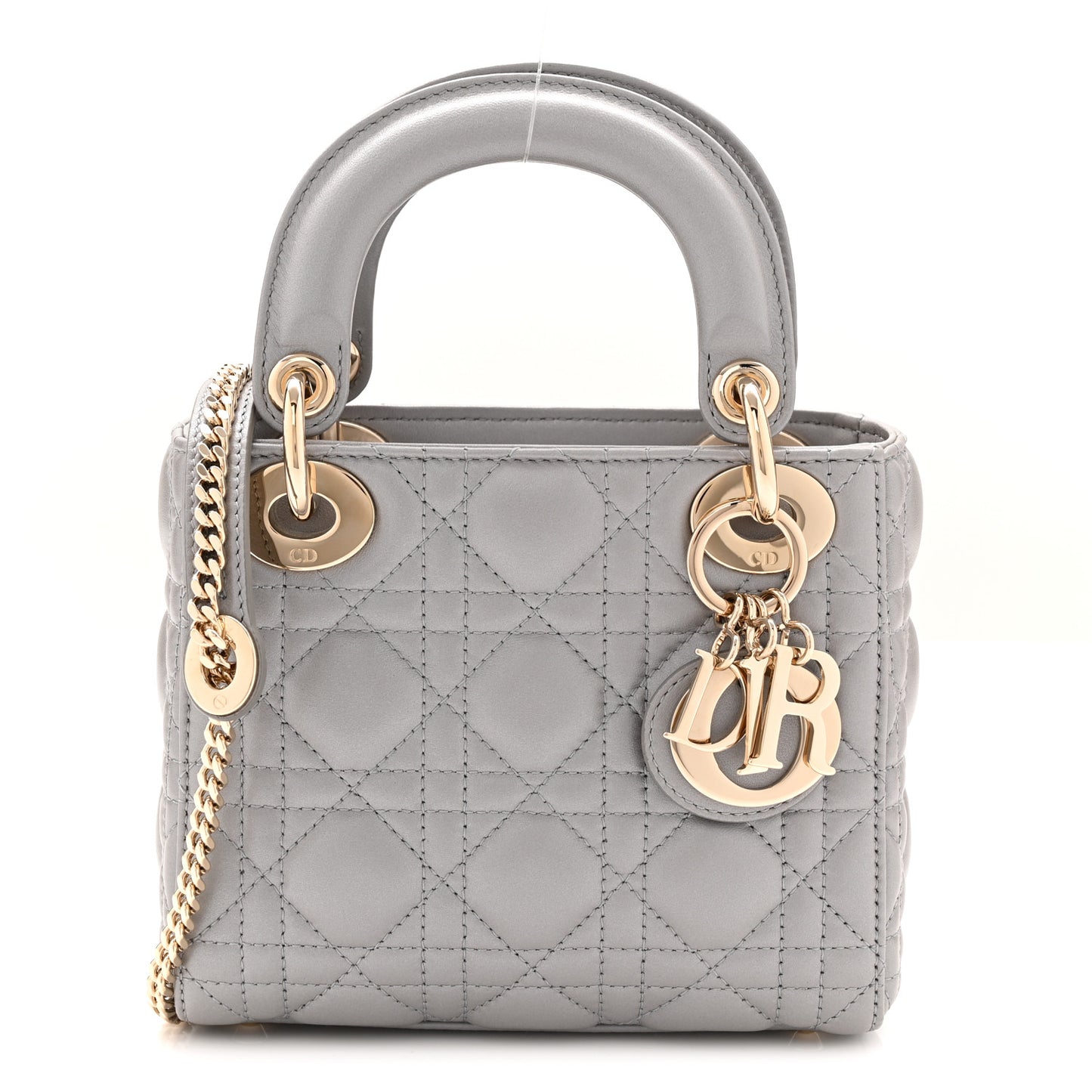 Metallic Lambskin Cannage Mini Lady Dior Grey