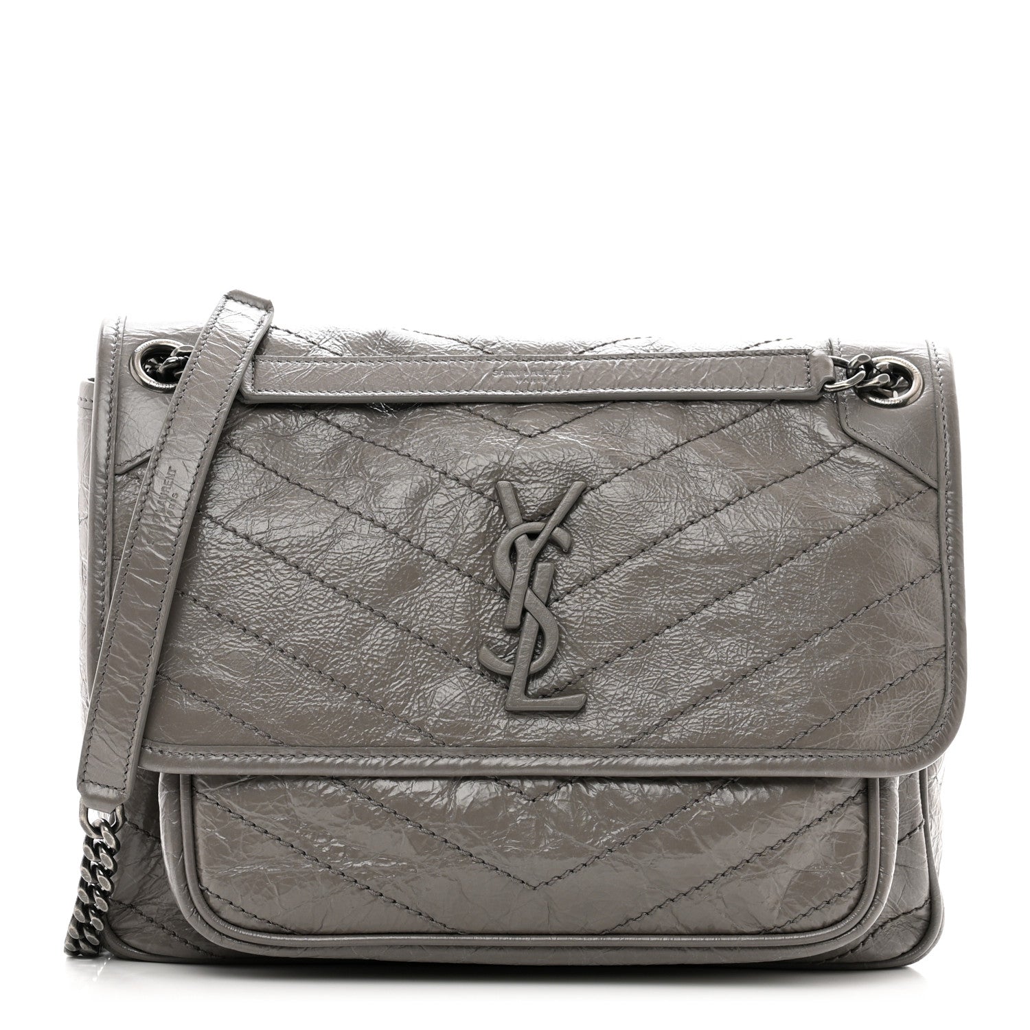 Saint Laurent Crinkled Calfskin Matelasse Monogram Medium Niki Chain Satchel Fog 1 of 12