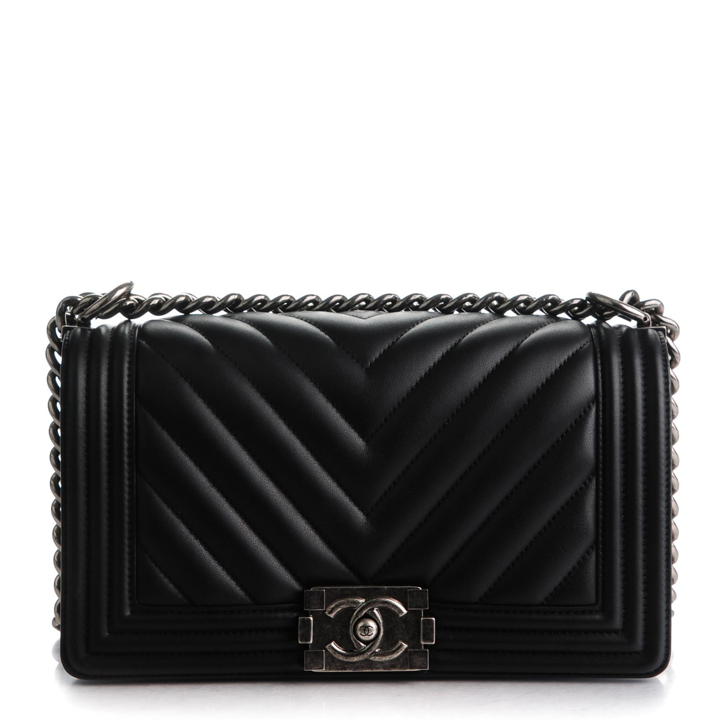 Calfskin Chevron Quilted Medium Boy Flap Black