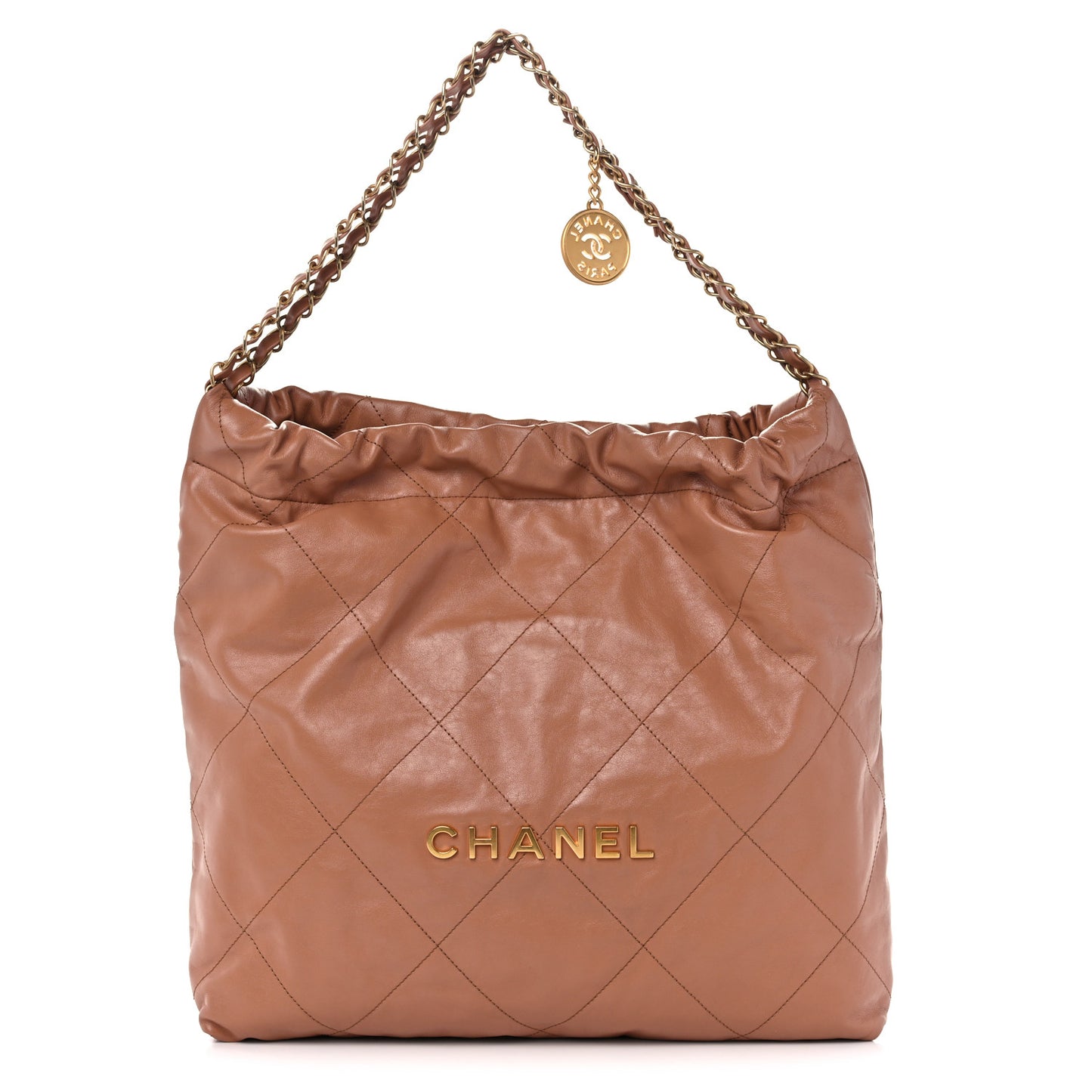 Shiny Calfskin Quilted Small Chanel 22 Camel