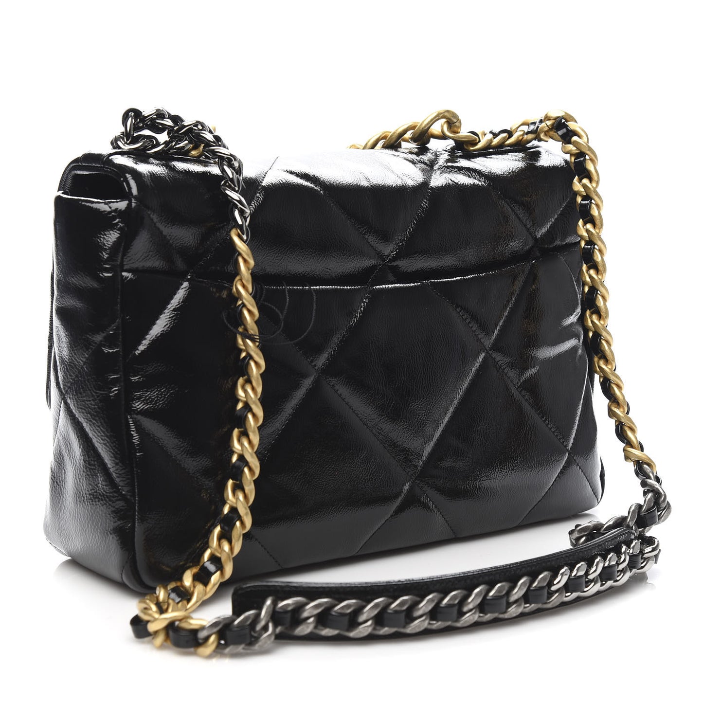 Shiny Crumpled Calfskin Quilted Large 19 Flap Black
