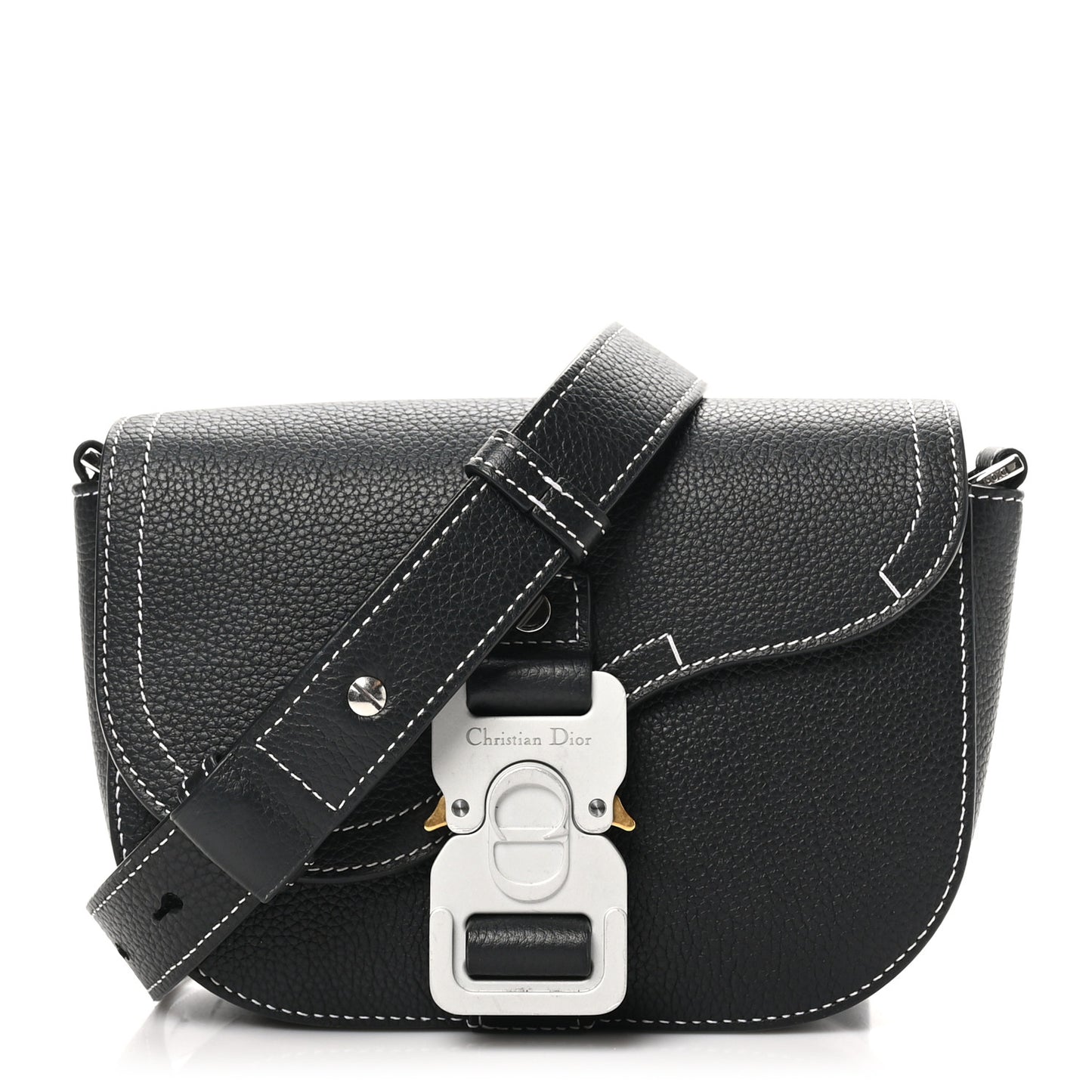 Grained Calfskin Saddle Messenger Bag With Strap Black