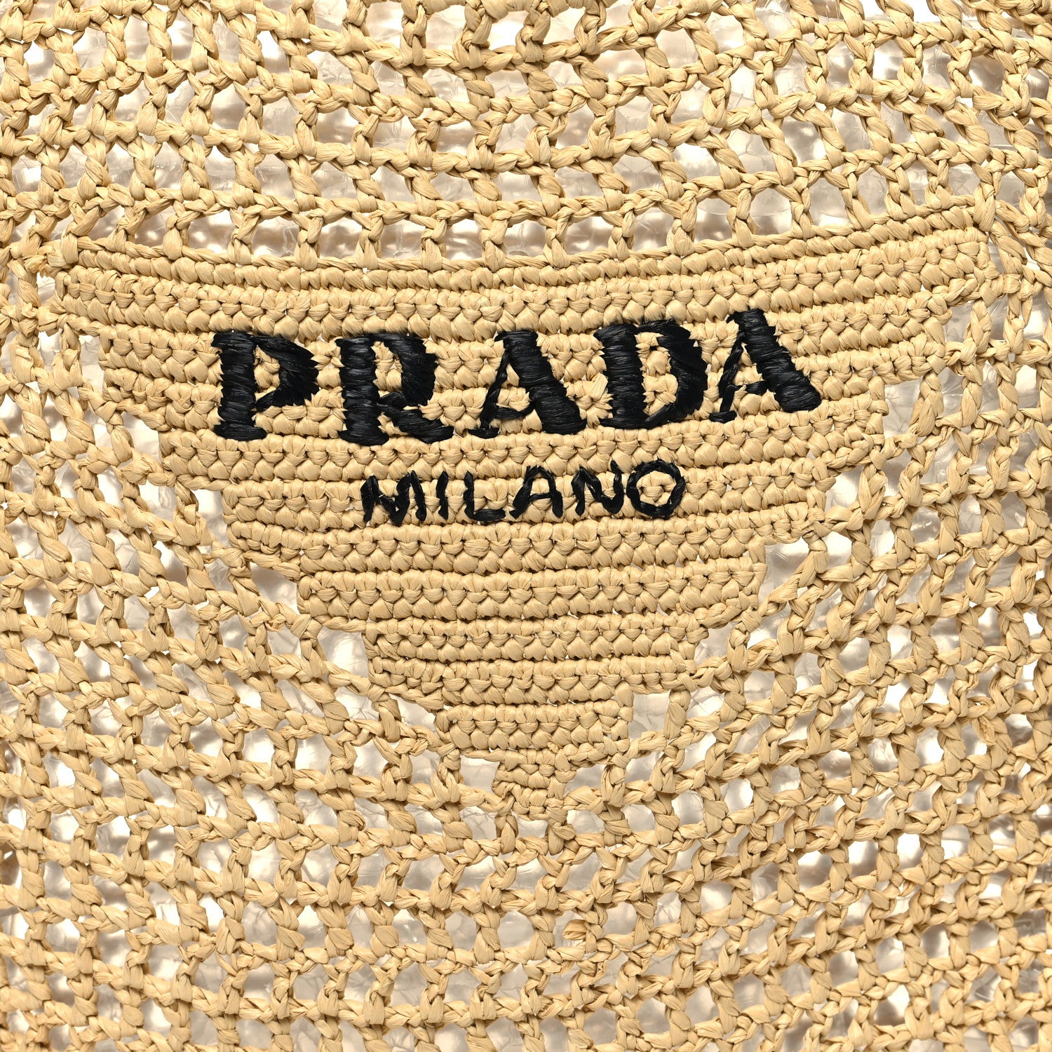 Prada Yarn Raffia Effect Crochet Logo Embroidered Tote Bag Naturale 7 of 9