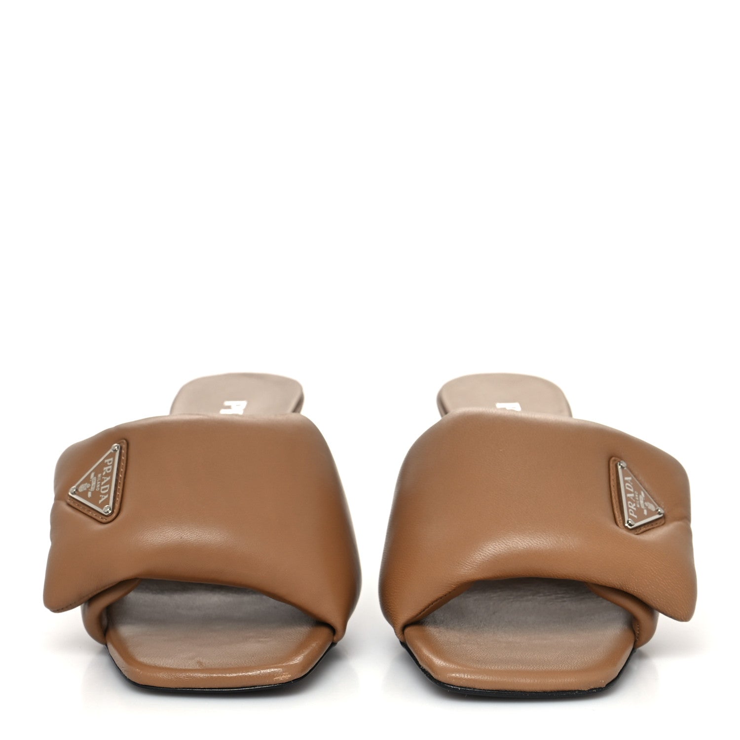 Prada Nappa Soft Padded Metal Triangle Logo 65mm Slide Sandals 37 Caramel 2 of 8