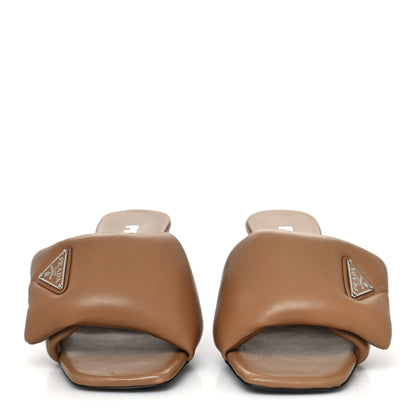 Prada Nappa Soft Padded Metal Triangle Logo 65mm Slide Sandals 37 Caramel 2 of 8