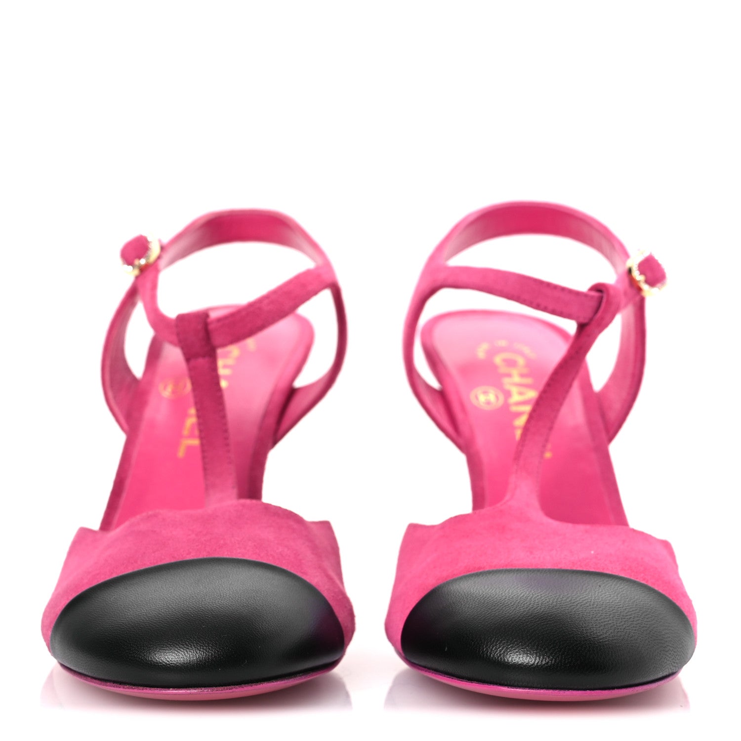 Chanel Suede Lambskin Cap Toe Crystal Slingback Pumps 38 Fuchsia Black 3 of 12
