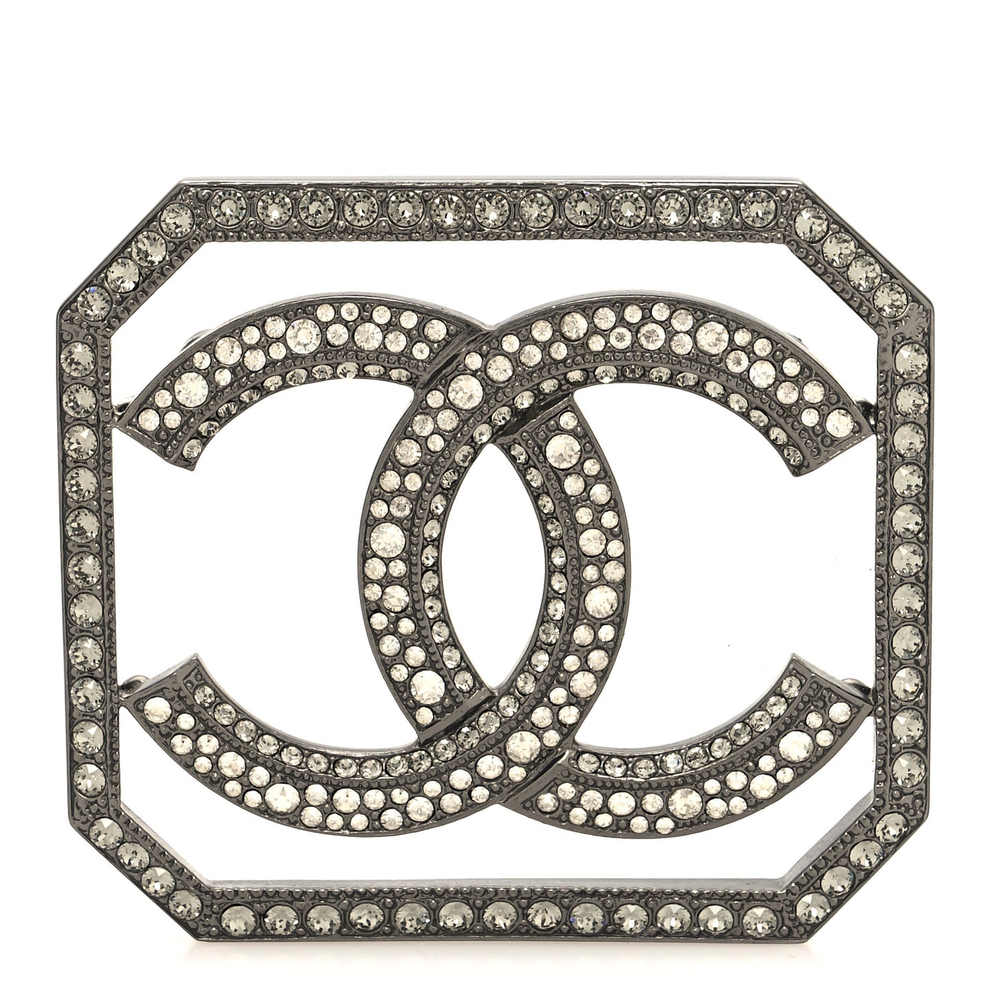Metal Crystal CC Square Brooch Ruthenium